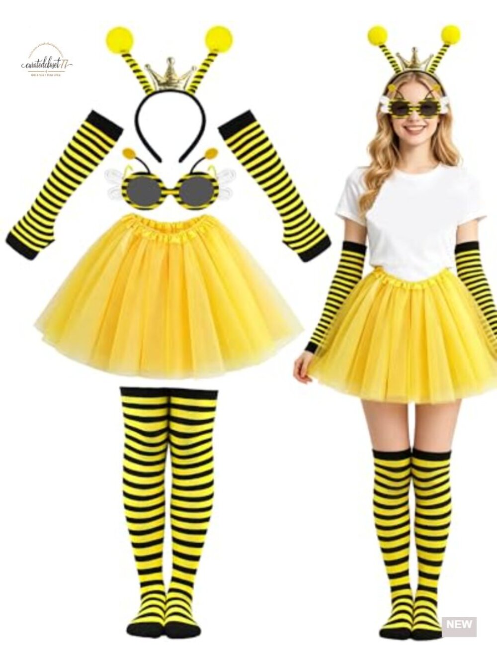 Women's Bee Costume Set Tutu Headband Socks Arm Warmers Cosplay